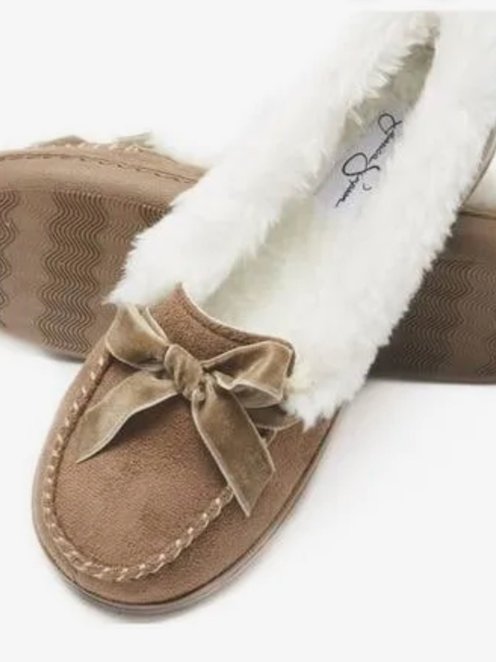Jessica Simpson Tan Bow Faux-Fur Moccasin Slippers 8/9 worn once, excellent cond